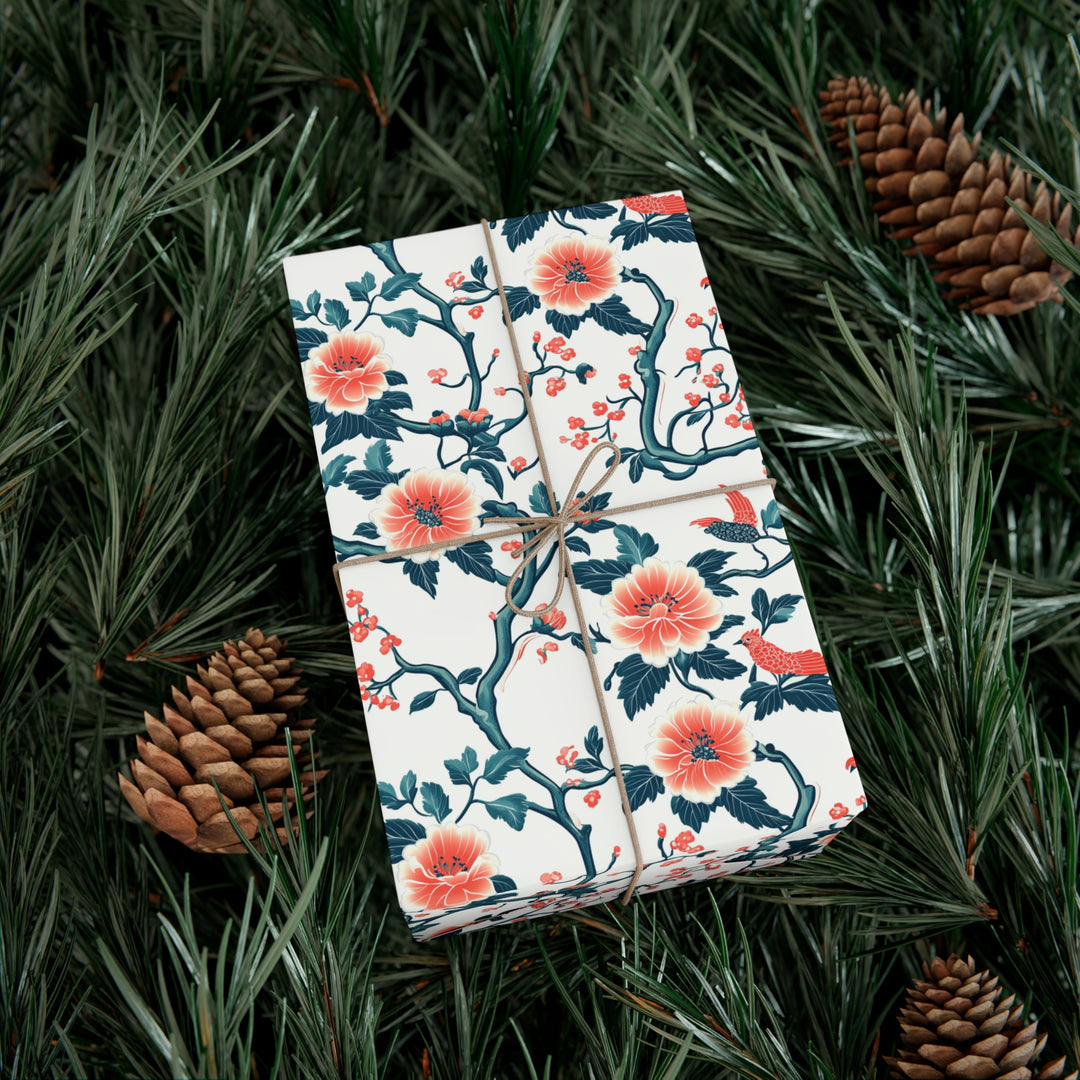 Chinoiserie Floral Gift Wrap with Birds - Elegant Coral & Teal Botanical Wrapping Paper for Weddings, Birthdays and Special Occasions