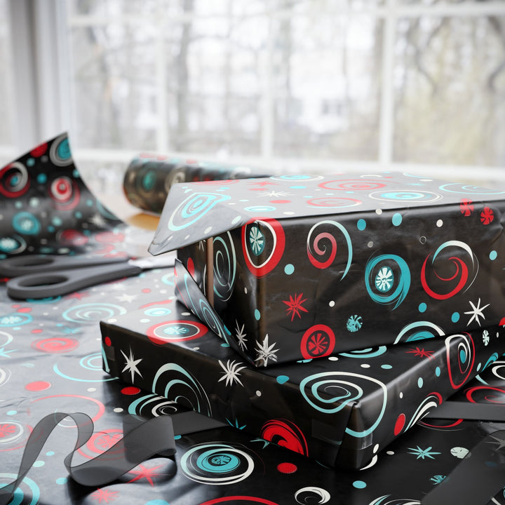 Retro Swirl and Star Gift Wrapping Paper Mid-Century Modern Red, Blue, and White Christmas Wrap Fun Holiday Gift Wrap with Vintage Vibe
