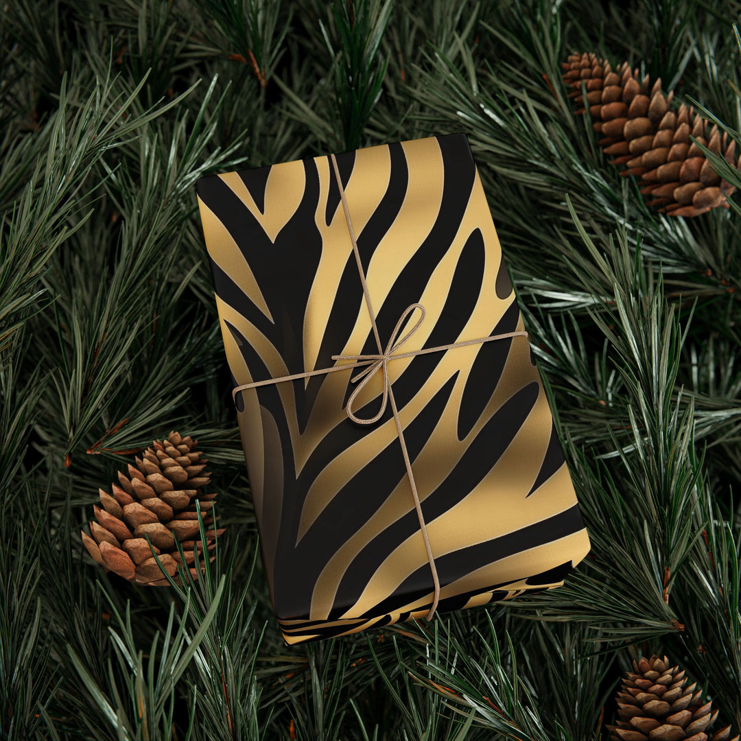 Glamorous Gold Zebra Print Gift Wrapping Paper Bold Animal Print on Black Background Perfect for Luxe Birthdays Holidays, and Stylish Events