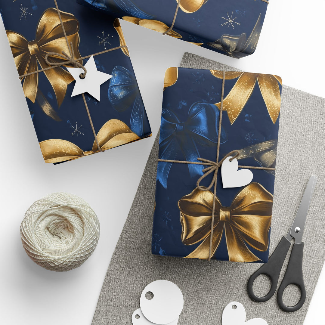 Luxurious Gold and Blue Bow Gift Wrapping Paper Elegant Midnight Blue Background Perfect for Christmas, Weddings, and Special Occasions