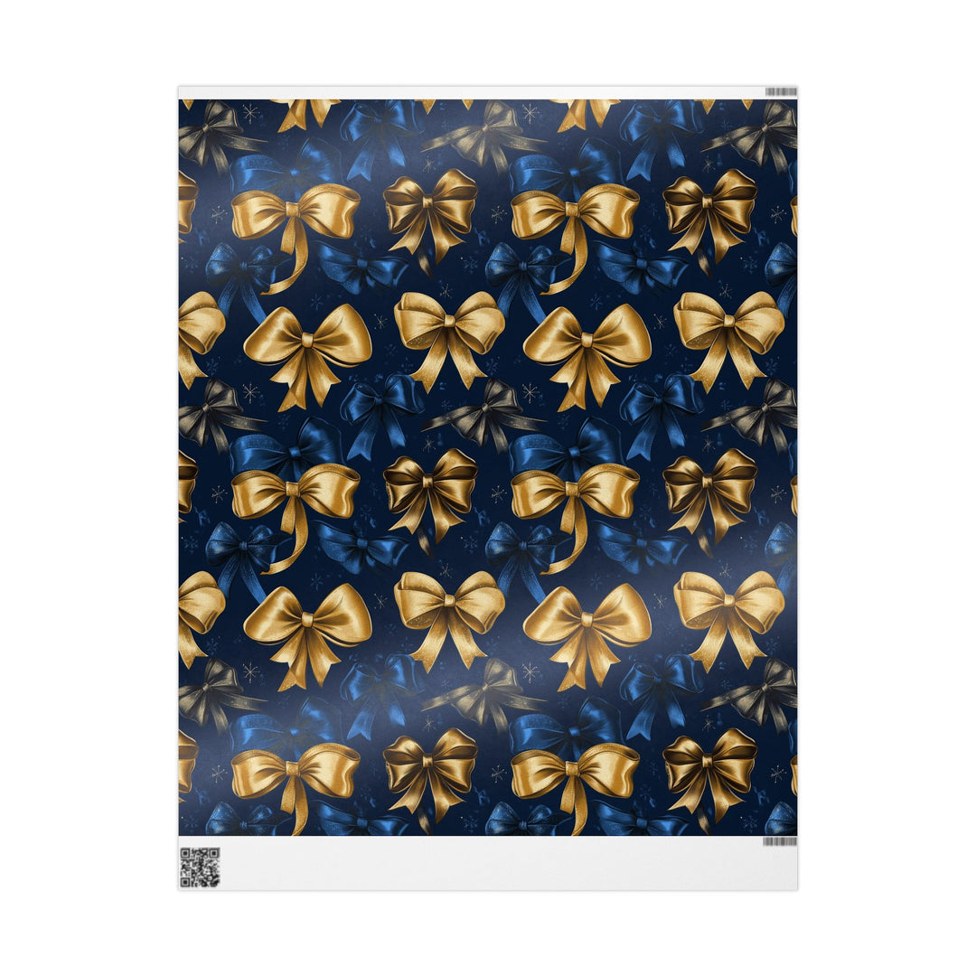 Luxurious Gold and Blue Bow Gift Wrapping Paper Elegant Midnight Blue Background Perfect for Christmas, Weddings, and Special Occasions