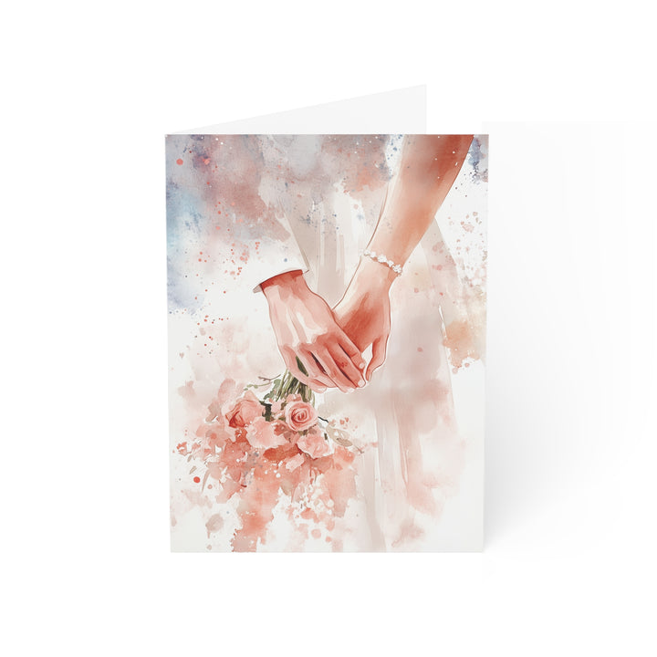 Romantic Wedding Card Watercolor Hands & Bouquet Design Elegant Anniversary, Bridal Shower, or Engagement Card