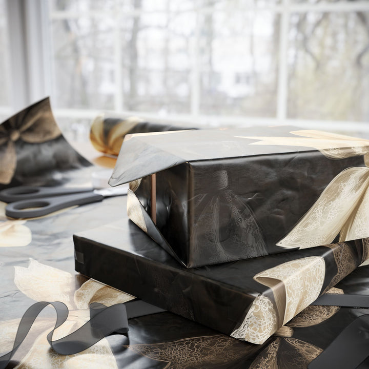 Elegant Lace Bow Gift Wrapping Paper Ivory Black and Beige Romantic Bows on Dark Background Perfect for Wedding Anniversary and Luxe Gifts