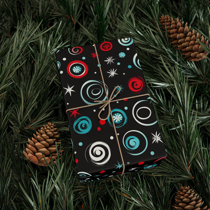 Retro Swirl and Star Gift Wrapping Paper Mid-Century Modern Red, Blue, and White Christmas Wrap Fun Holiday Gift Wrap with Vintage Vibe