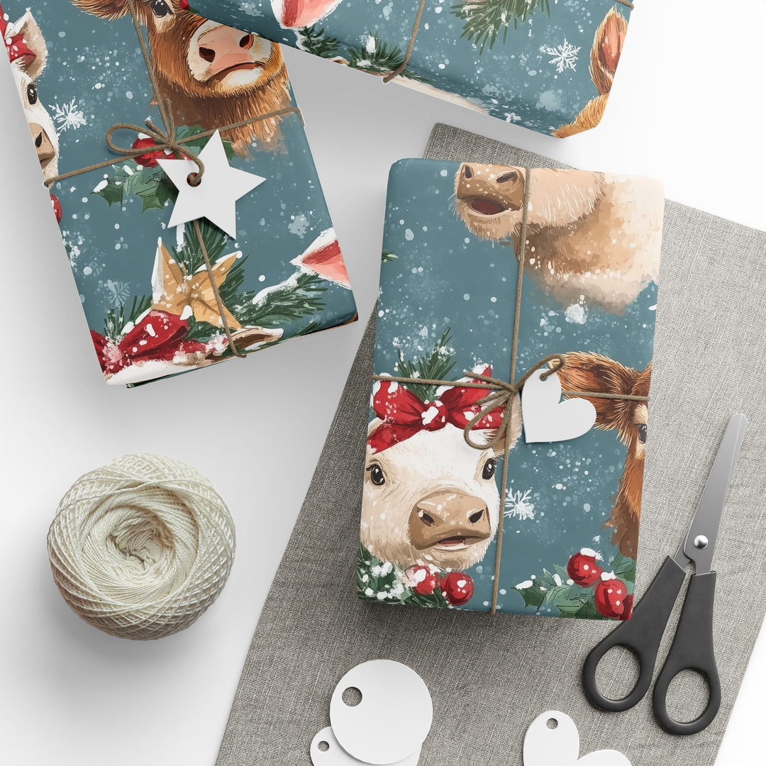 Farm Animal Christmas Wrapping Paper - Cute Calf, Sheep, and Piglet Gift Wrap with Holiday Wreaths & Ornaments - Rustic Farmhouse Style