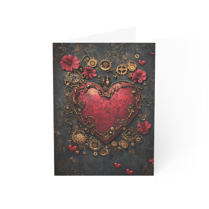 Steampunk Valentine's Day Card Romantic Heart Design with Gears and Flowers Unique Industrial Love Card for Him or Her Birthday, Anniversary