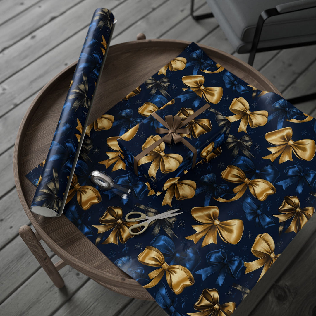 Luxurious Gold and Blue Bow Gift Wrapping Paper Elegant Midnight Blue Background Perfect for Christmas, Weddings, and Special Occasions