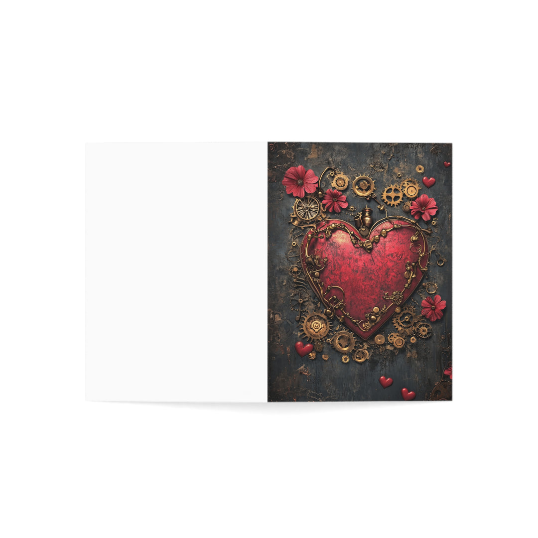 Steampunk Valentine's Day Card Romantic Heart Design with Gears and Flowers Unique Industrial Love Card for Him or Her Birthday, Anniversary