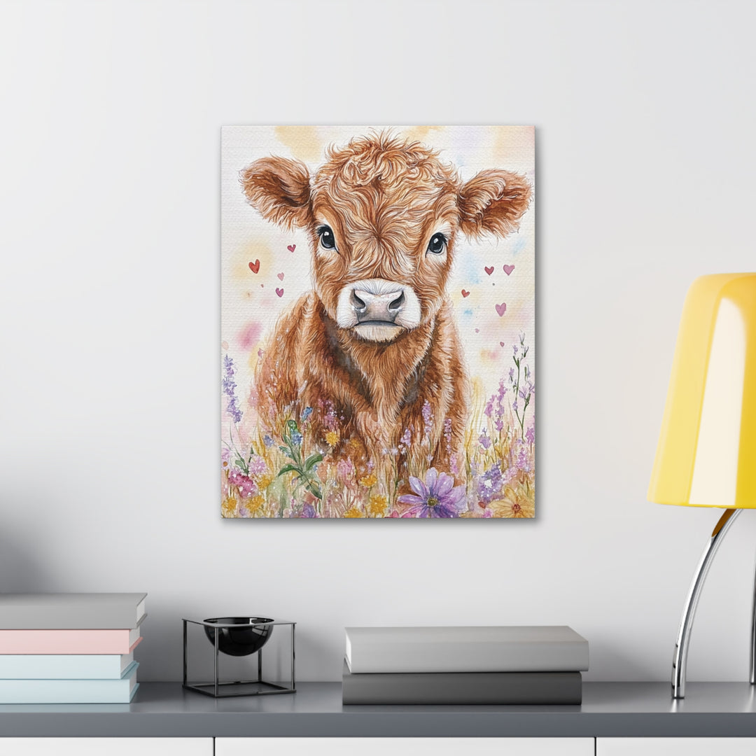 Adorable Highland Cow Watercolor Canvas Print – Rustic Farmhouse Art Decor