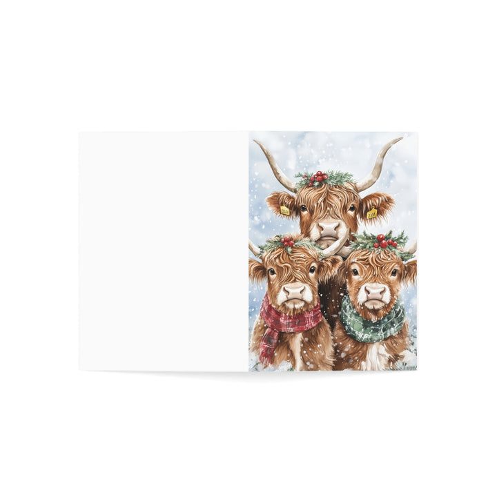 Highland Cow Christmas Card Adorable Farm Animal Holiday Greeting Festive Family Trio with Plaid Scarves and Wreaths in Snow