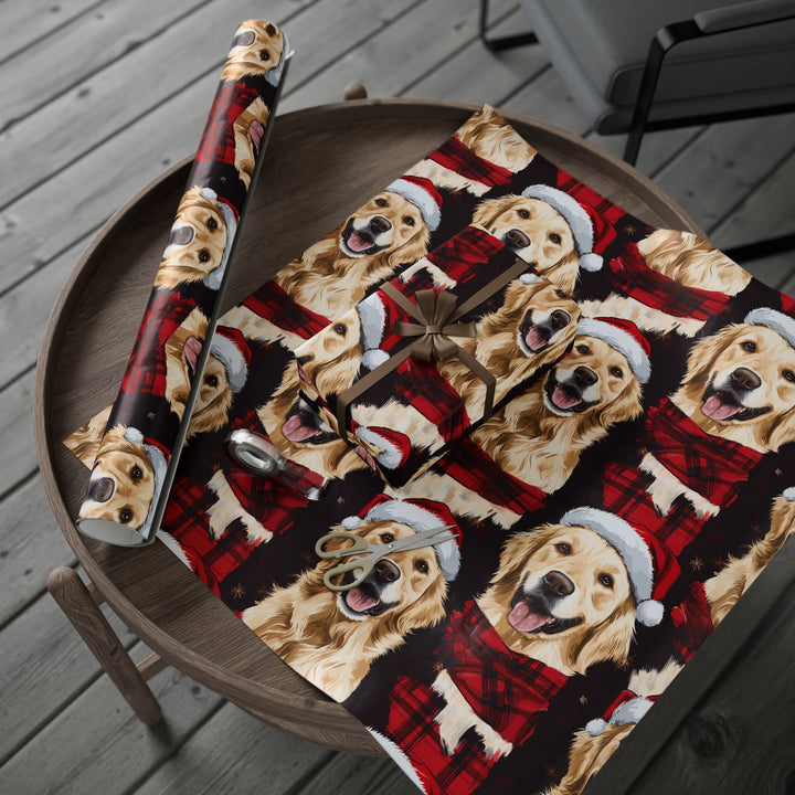 Golden Retriever Christmas Gift Wrap - Santa Hat Dog Wrapping Paper - Festive Pet Gift Wrap for Holidays, Cute Dog Lover Christmas Paper