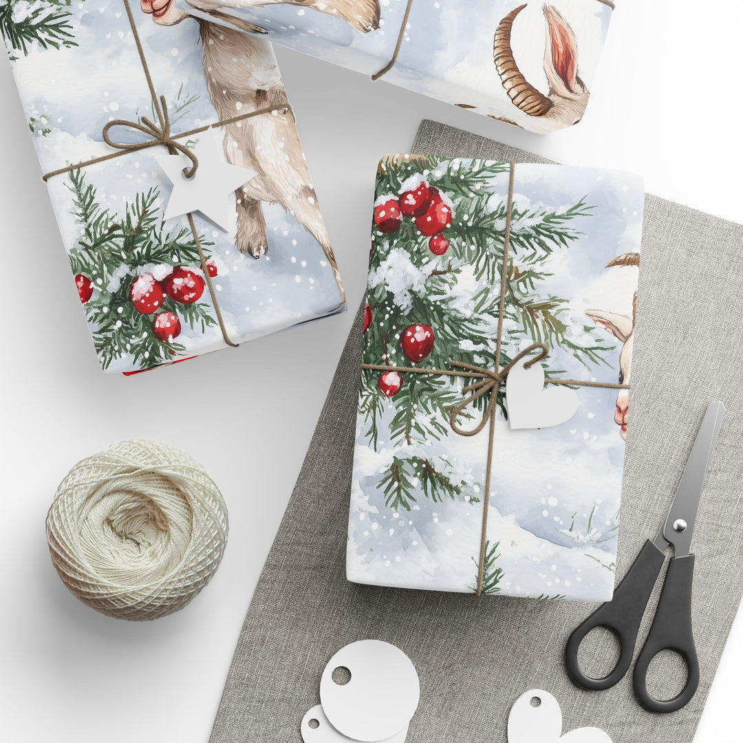 Adorable Goat Christmas Gift Wrap | Rustic Winter Farm Animal Wrapping Paper | Snowy Holiday Gift Wrap for Country Farmhouse Christmas