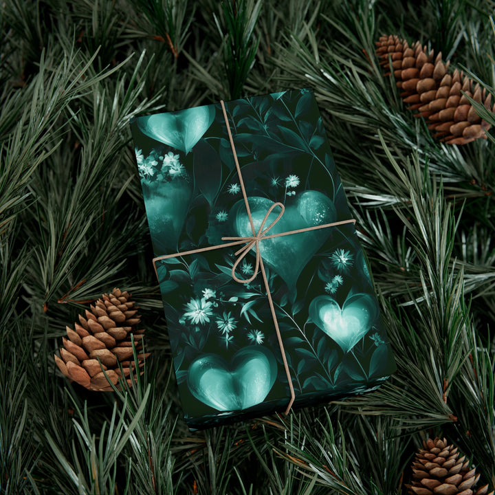 Emerald Green Heart and Flower Gift Wrap - Romantic Luxury Wrapping Paper for Weddings, Anniversaries, and Elegant Occasions