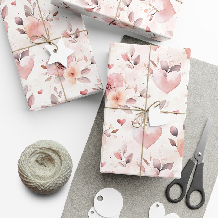 Romantic Floral & Heart Gift Wrap - Soft Pink Watercolor Wrapping Paper - Wedding, Anniversary, Valentine's Day Gift Wrap