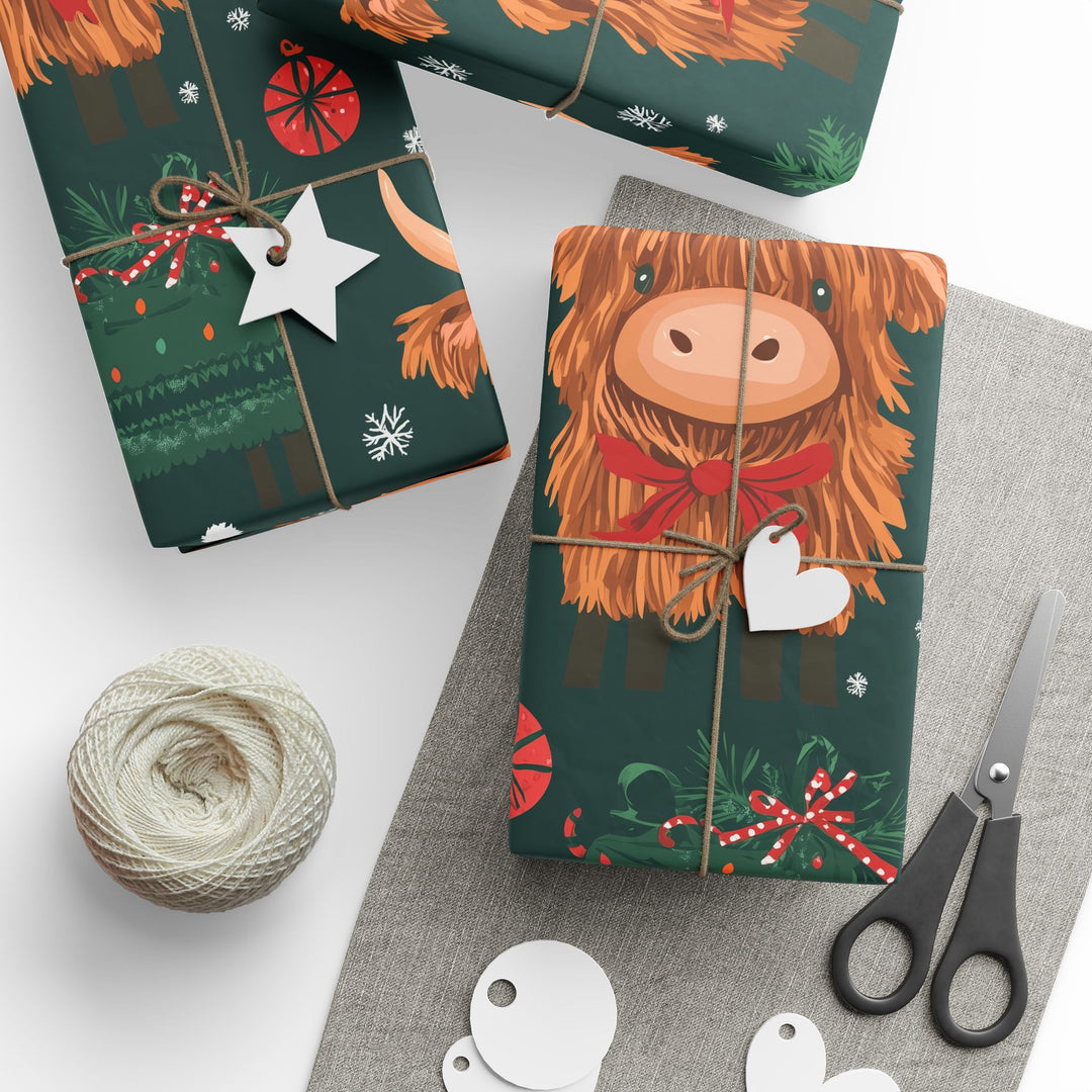 Adorable Christmas Highland Cow Gift Wrapping Paper Festive Cows in Santa Hats Cute Holiday Wrap for Kids Animal Lovers Farm Friends