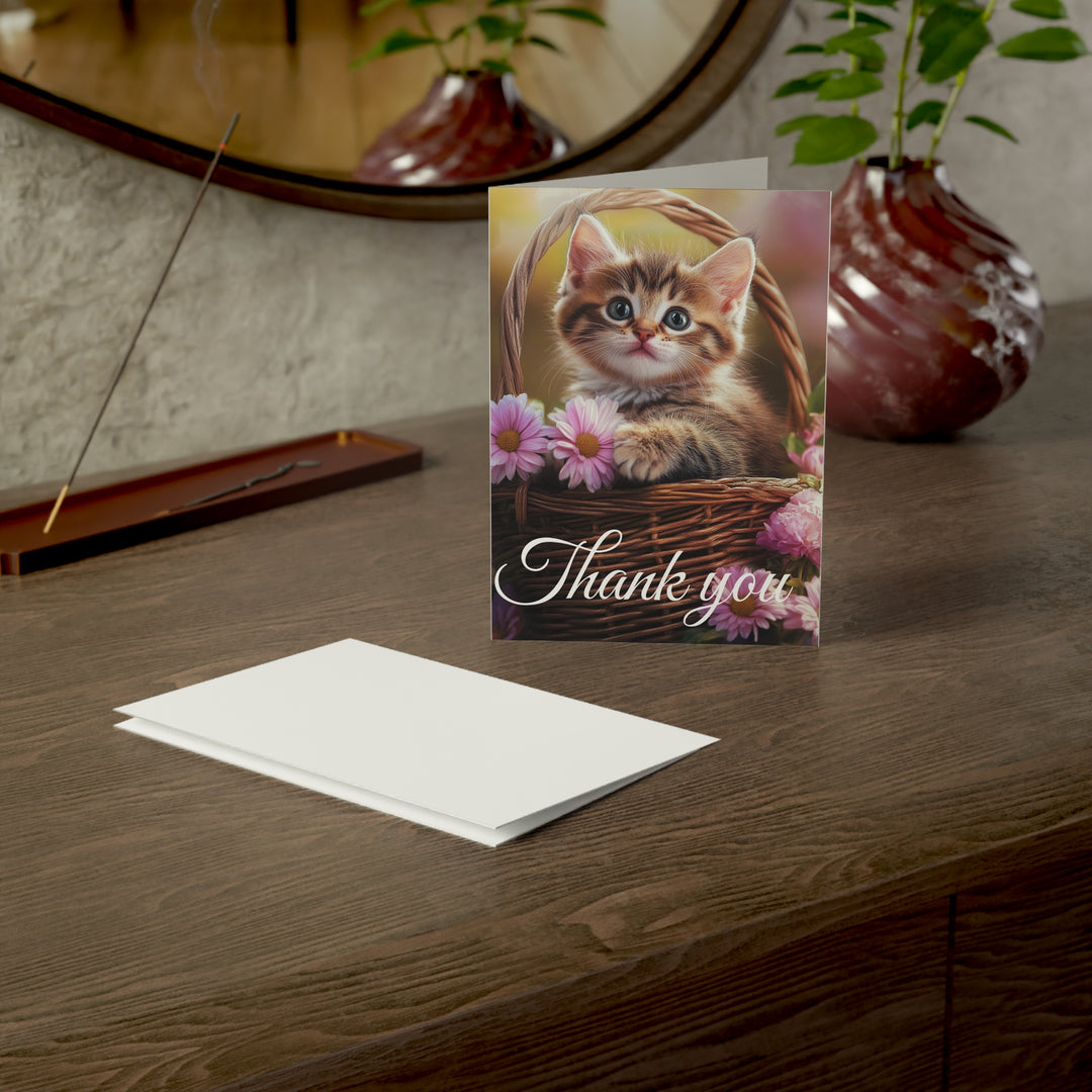 Adorable Kitten Thank You Card - Cute Cat in Basket with Flowers, Perfect for Gratitude Notes, Weddings, Baby Showers, and Special Occasions