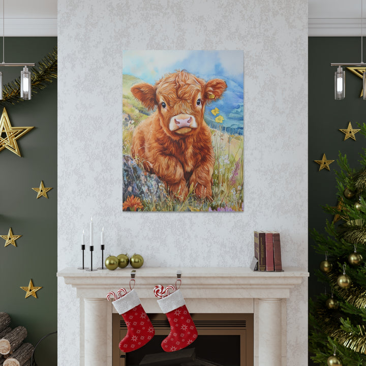 Charming Baby Highland Cow Watercolor Canvas Print – Rustic Farmhouse Wall Art