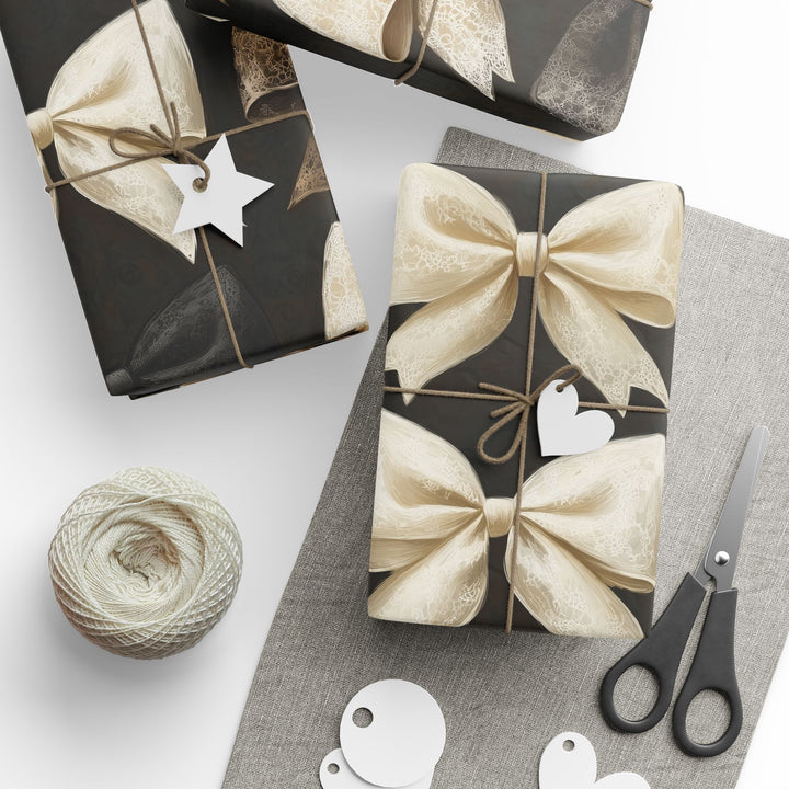 Elegant Lace Bow Gift Wrapping Paper Ivory Black and Beige Romantic Bows on Dark Background Perfect for Wedding Anniversary and Luxe Gifts