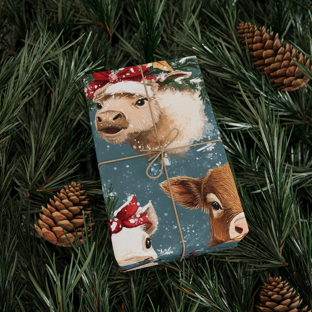 Farm Animal Christmas Wrapping Paper - Cute Calf, Sheep, and Piglet Gift Wrap with Holiday Wreaths & Ornaments - Rustic Farmhouse Style