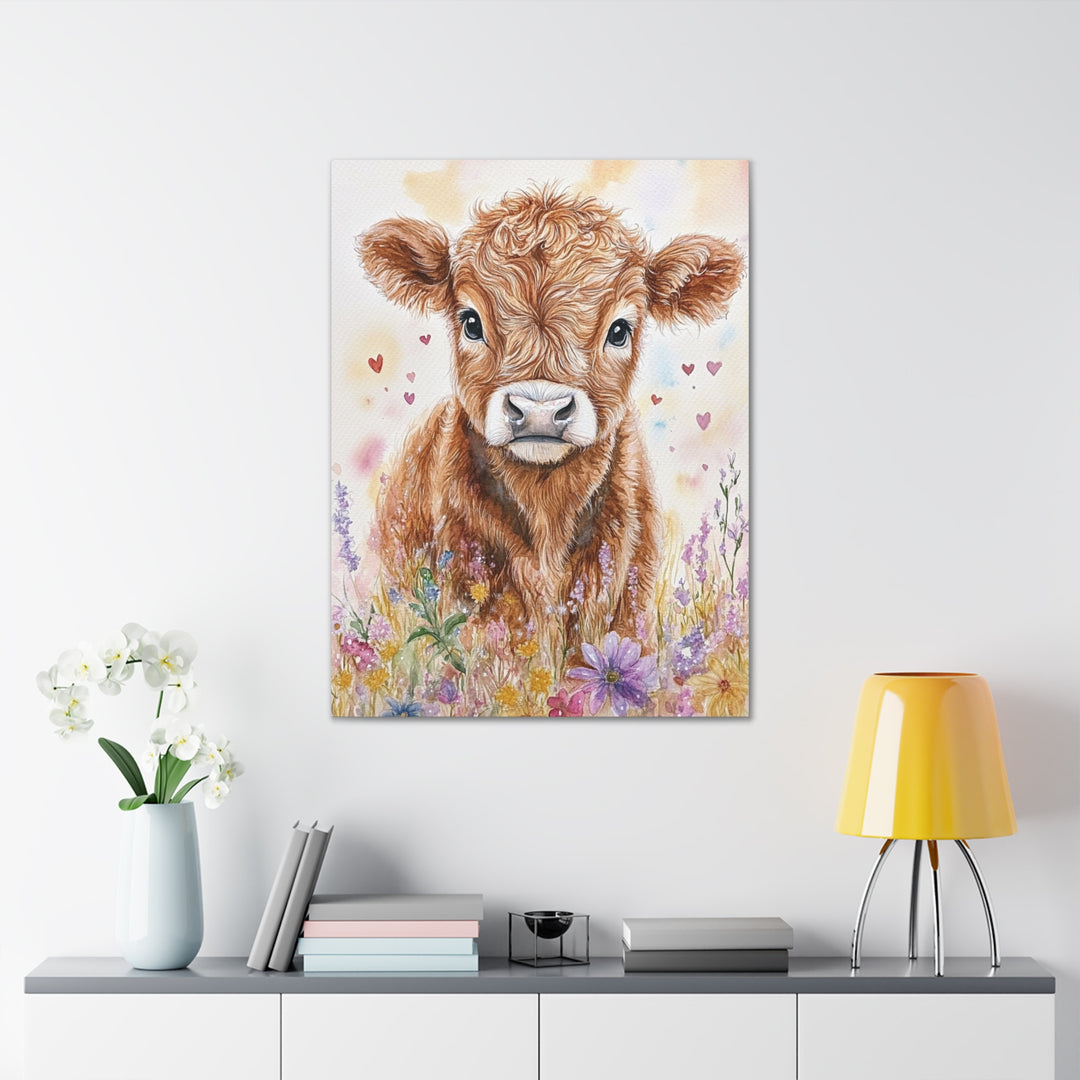 Adorable Highland Cow Watercolor Canvas Print – Rustic Farmhouse Art Decor