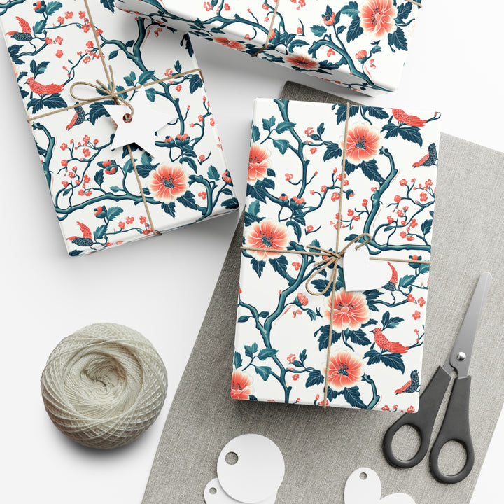Chinoiserie Floral Gift Wrap with Birds - Elegant Coral & Teal Botanical Wrapping Paper for Weddings, Birthdays and Special Occasions