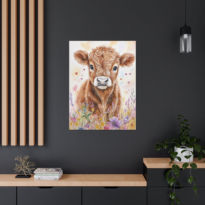 Adorable Highland Cow Watercolor Canvas Print – Rustic Farmhouse Art Decor