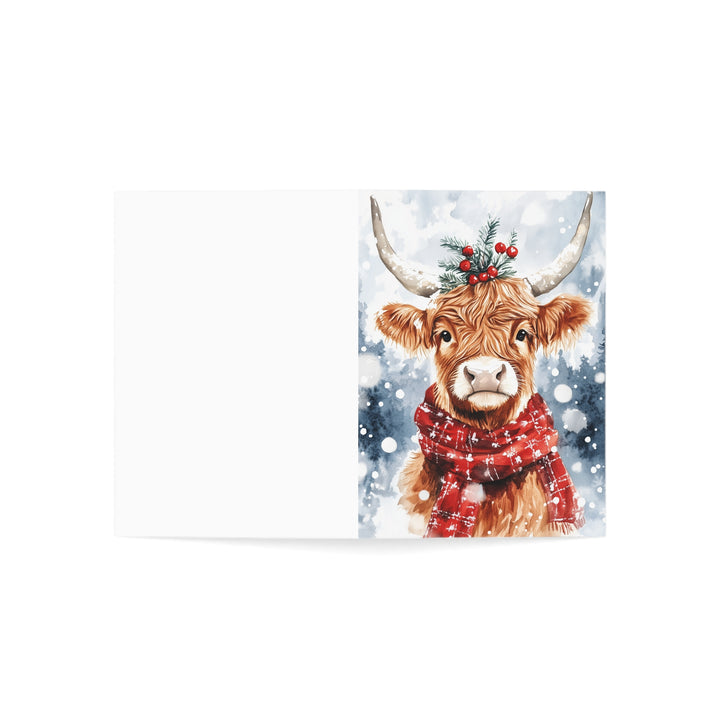 Adorable Highland Cow Christmas Card Rustic Holiday Greeting with Festive Red Scarf Perfect for Farm Animal Lovers and Winter Wishes