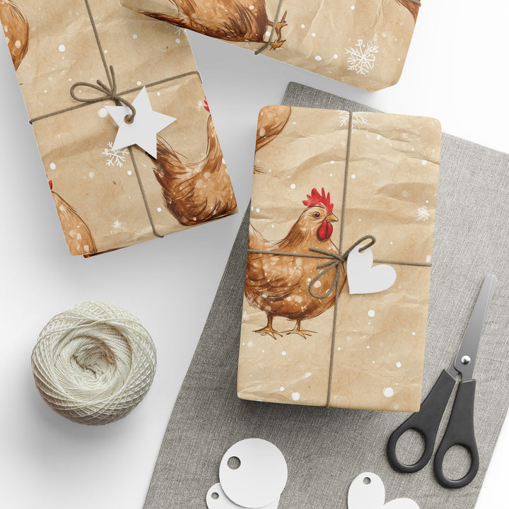 Funny Christmas Chicken Gift Wrapping Paper Festive Farmhouse Hens with Snowflakes on Brown Paper Unique Holiday Wrap for Animal Lovers