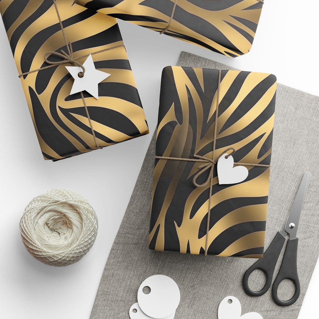 Glamorous Gold Zebra Print Gift Wrapping Paper Bold Animal Print on Black Background Perfect for Luxe Birthdays Holidays, and Stylish Events