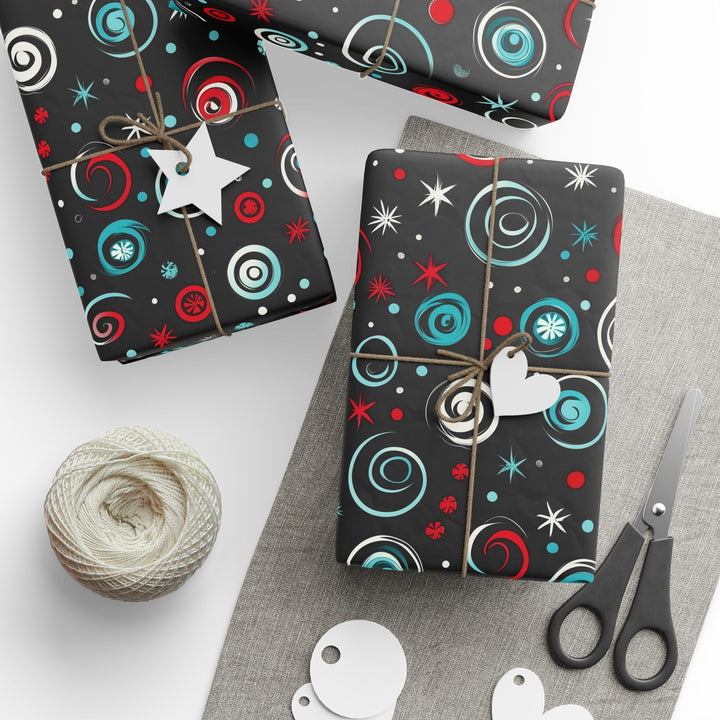 Retro Swirl and Star Gift Wrapping Paper Mid-Century Modern Red, Blue, and White Christmas Wrap Fun Holiday Gift Wrap with Vintage Vibe