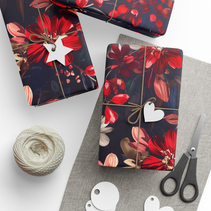 Elegant Dark Floral Gift Wrapping Paper Red, Pink, and White Flowers on Black Background Perfect for Birthdays, Weddings, and Luxe Occasions