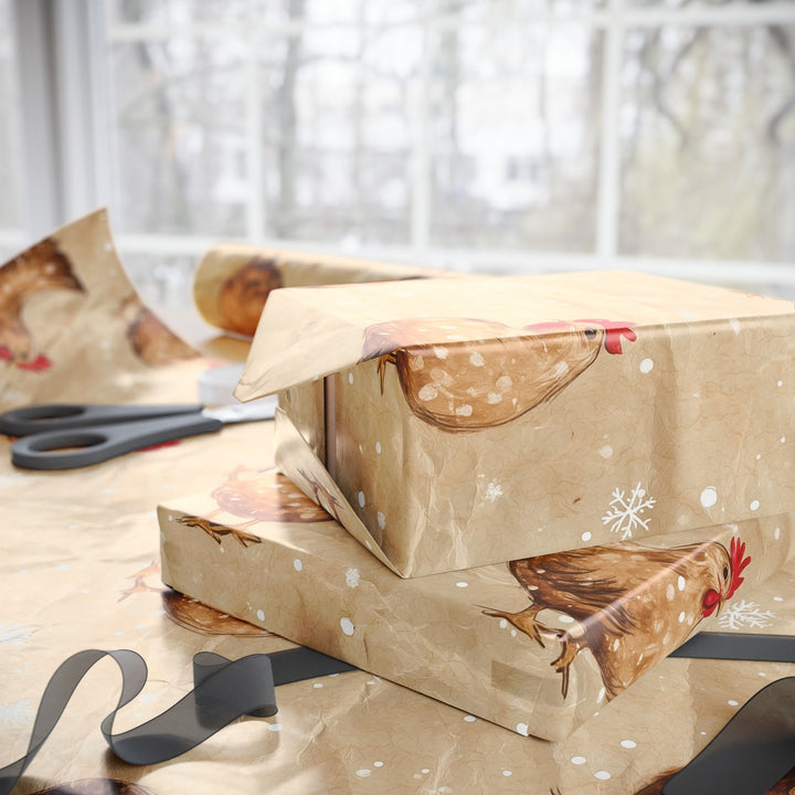 Funny Christmas Chicken Gift Wrapping Paper Festive Farmhouse Hens with Snowflakes on Brown Paper Unique Holiday Wrap for Animal Lovers