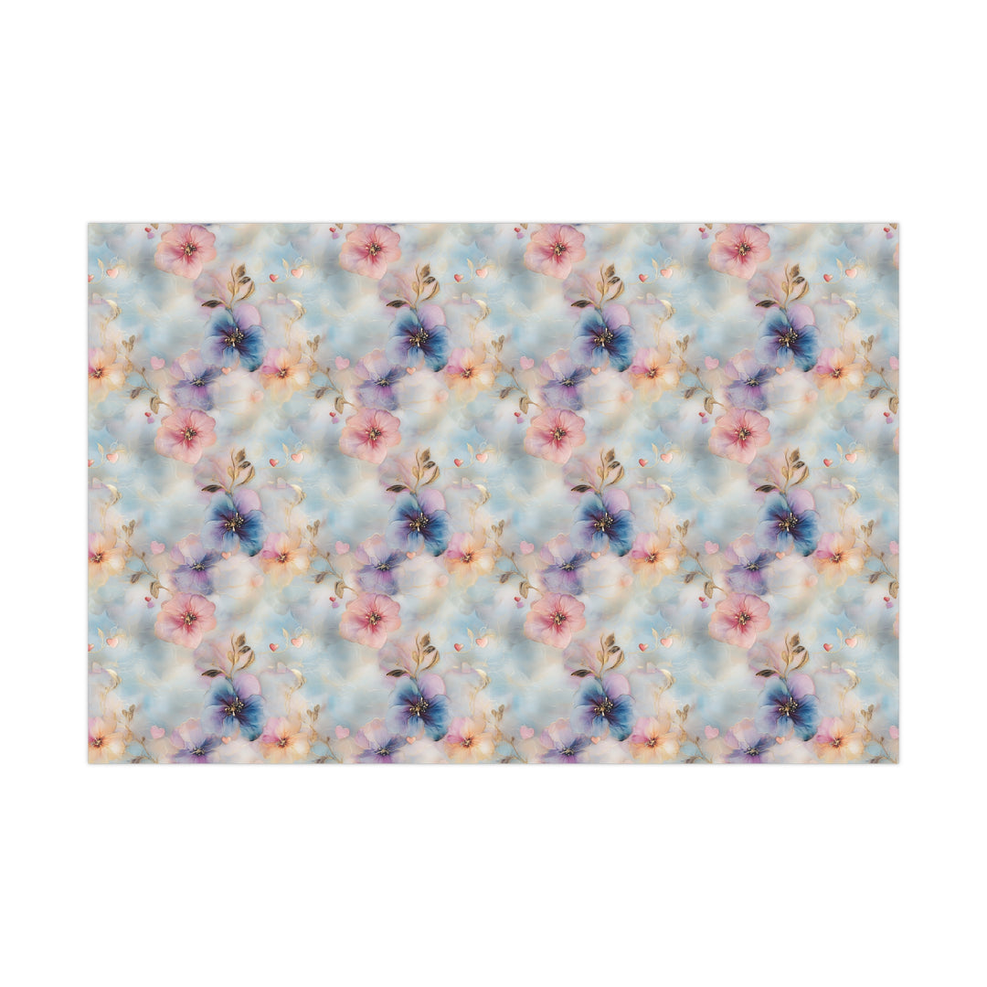 Elegant Floral Gift Wrap - Blue & Pink Watercolor Flowers with Gold Accents - Wedding, Anniversary, Luxury Wrapping Paper