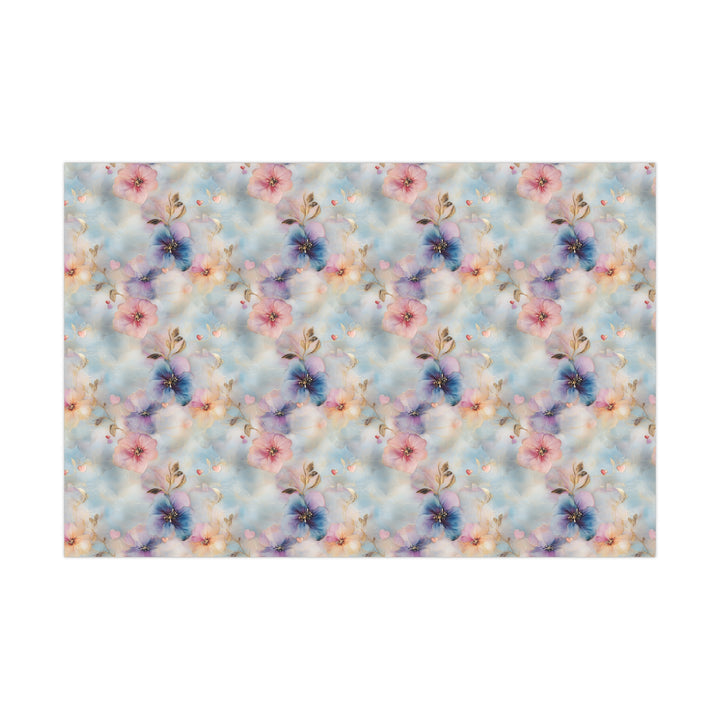 Elegant Floral Gift Wrap - Blue & Pink Watercolor Flowers with Gold Accents - Wedding, Anniversary, Luxury Wrapping Paper