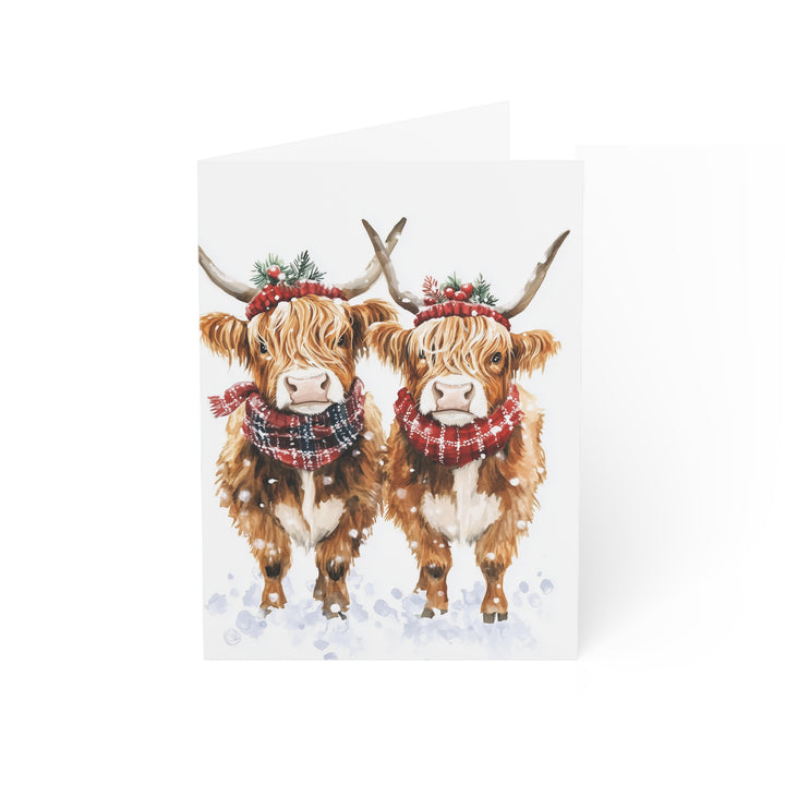 Highland Cow Christmas Card Cute Festive Greeting with Cozy Scarves & Winter Hats Adorable Farm Animal Holiday Card for All Ages