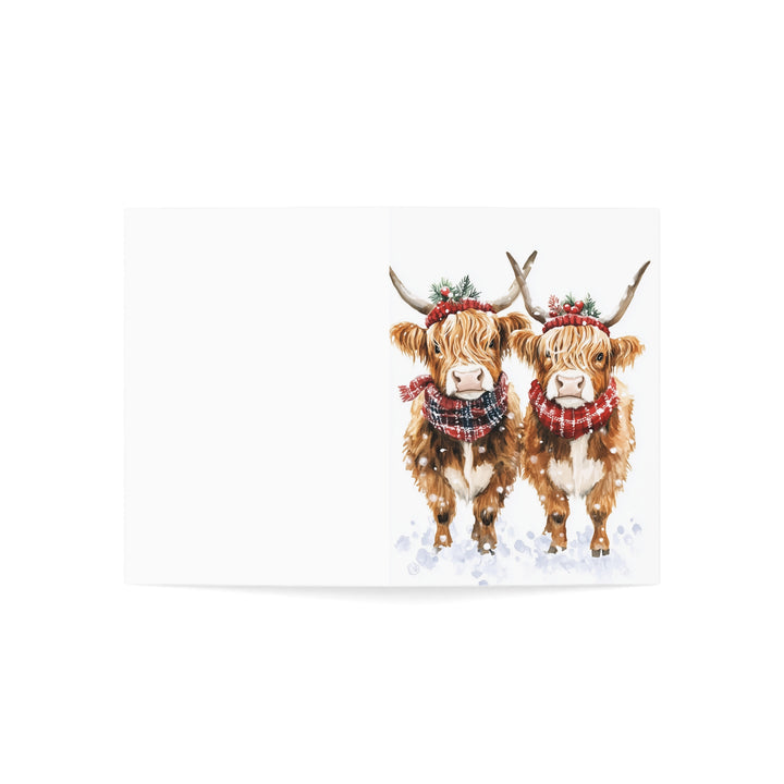 Highland Cow Christmas Card Cute Festive Greeting with Cozy Scarves & Winter Hats Adorable Farm Animal Holiday Card for All Ages