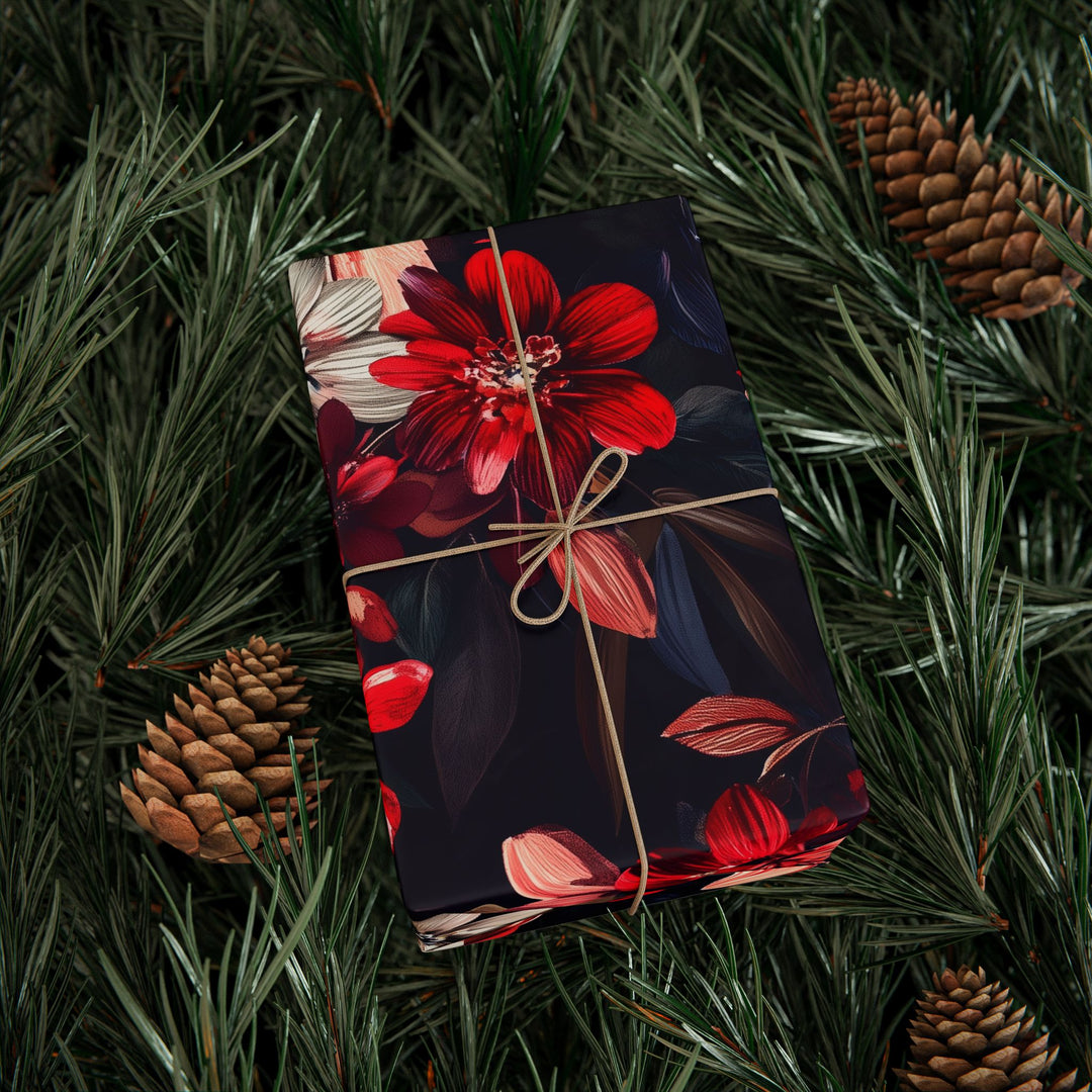 Elegant Dark Floral Gift Wrapping Paper Red, Pink, and White Flowers on Black Background Perfect for Birthdays, Weddings, and Luxe Occasions