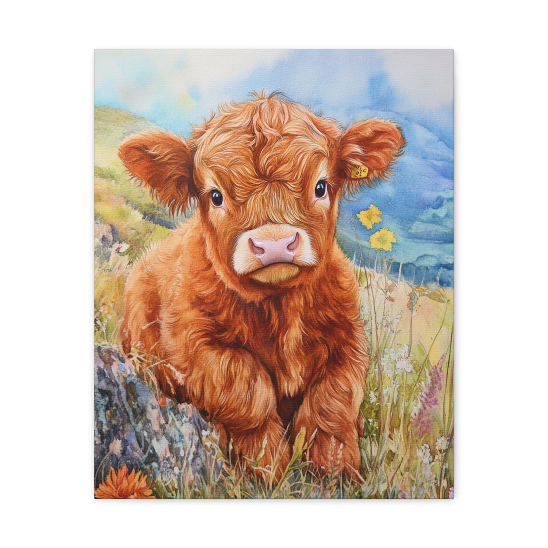 Charming Baby Highland Cow Watercolor Canvas Print – Rustic Farmhouse Wall Art