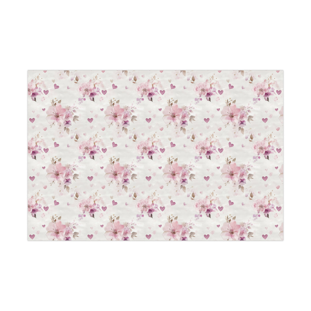 Romantic Floral Gift Wrap - Pink Watercolor Flowers & Hearts - Wedding, Anniversary, Valentine's Day, Elegant Wrapping Paper