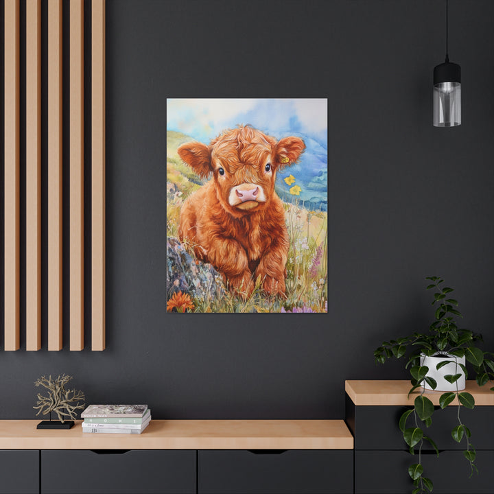 Charming Baby Highland Cow Watercolor Canvas Print – Rustic Farmhouse Wall Art