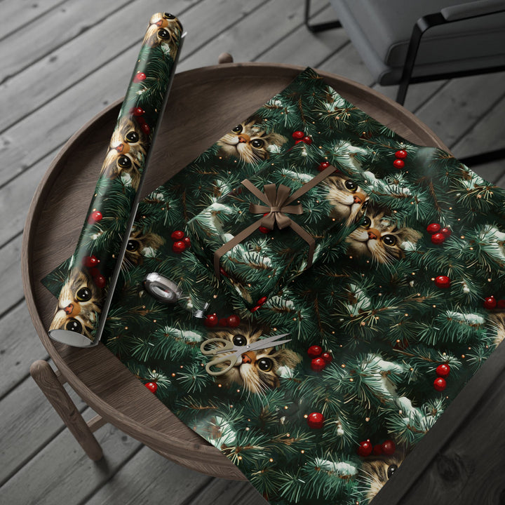 Christmas Cat Gift Wrapping Paper - Festive Holiday Wrap with Curious Cat in Christmas Tree - Cute Pet Themed Gift Wrap for Cat Lovers