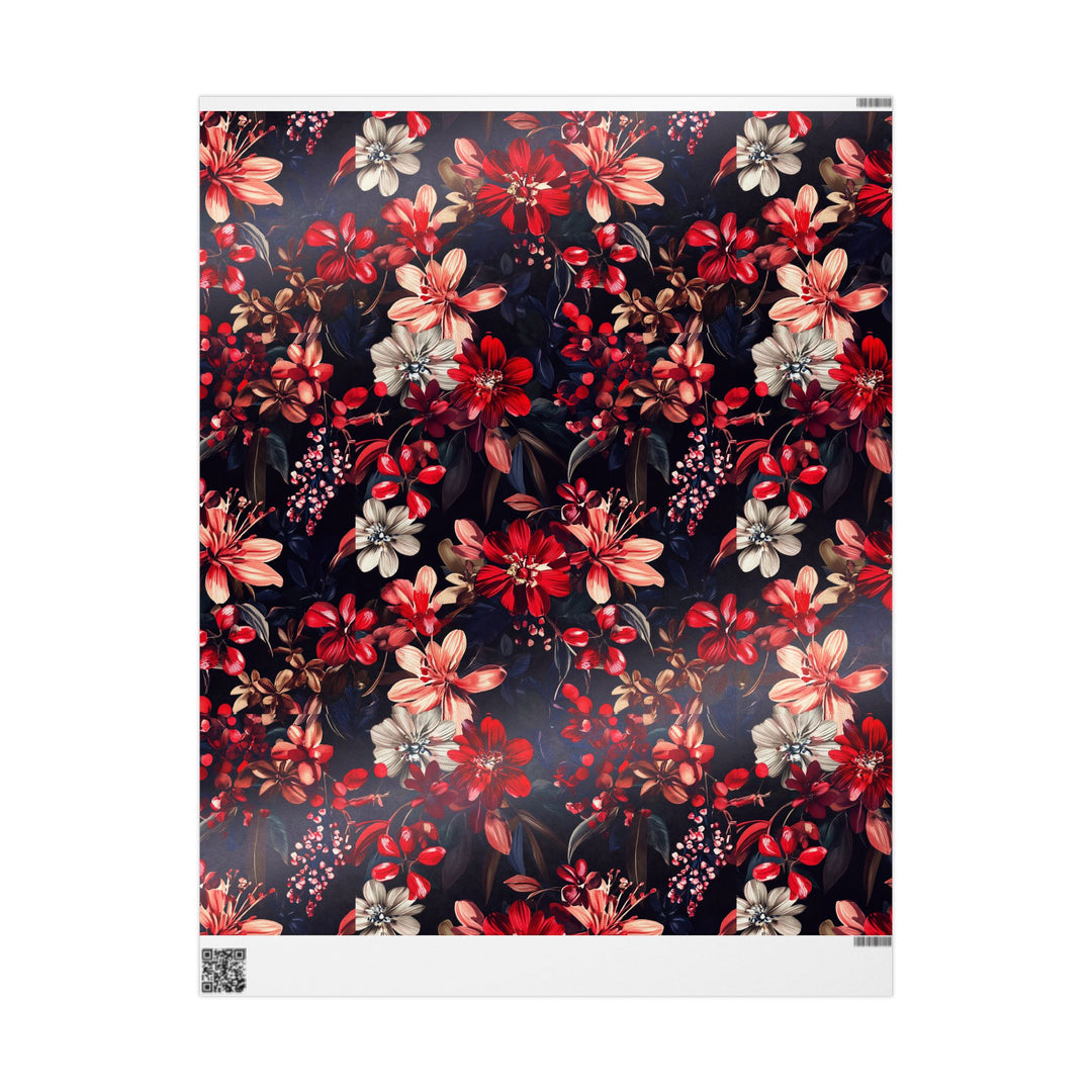 Elegant Dark Floral Gift Wrapping Paper Red, Pink, and White Flowers on Black Background Perfect for Birthdays, Weddings, and Luxe Occasions