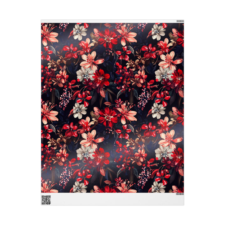 Elegant Dark Floral Gift Wrapping Paper Red, Pink, and White Flowers on Black Background Perfect for Birthdays, Weddings, and Luxe Occasions