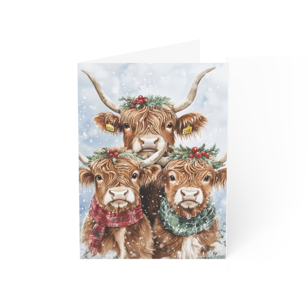 Highland Cow Christmas Card Adorable Farm Animal Holiday Greeting Festive Family Trio with Plaid Scarves and Wreaths in Snow