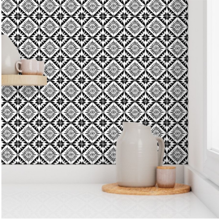 Bold Black & White Tile Pattern Wallpaper – Peel & Stick, Pre-Pasted, Non-Pasted, Grasscloth, Gold & Silver Metallic Options Available