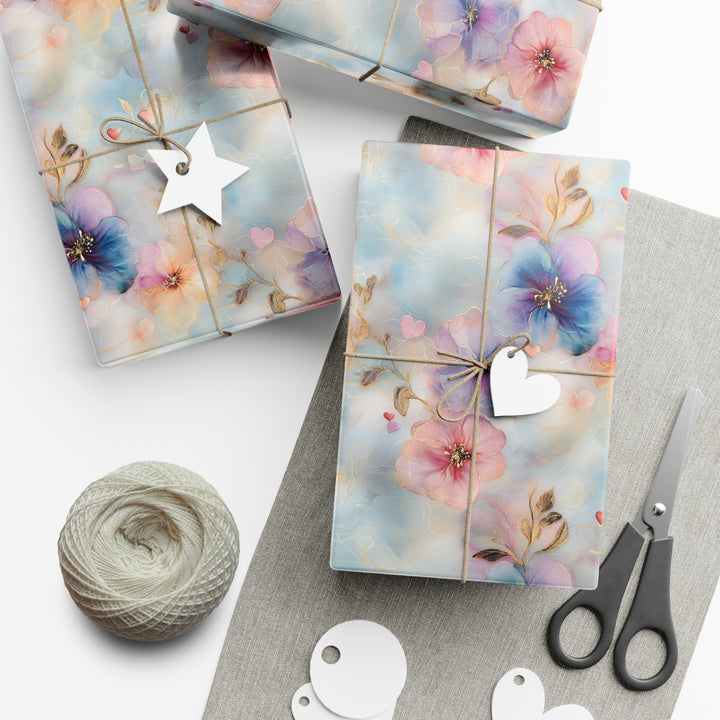 Elegant Floral Gift Wrap - Blue & Pink Watercolor Flowers with Gold Accents - Wedding, Anniversary, Luxury Wrapping Paper