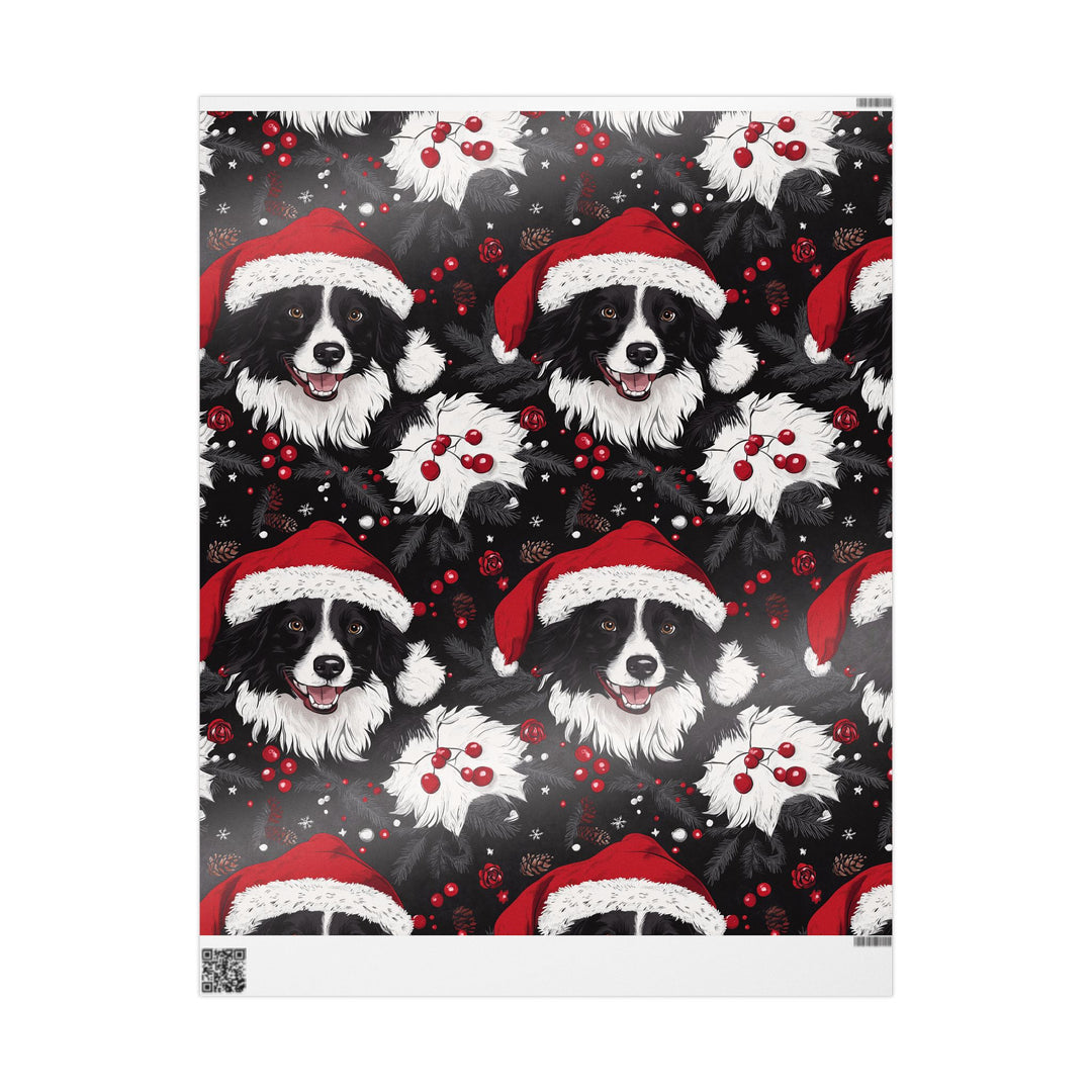 Border Collie Christmas Gift Wrap - Santa Hat Dog Wrapping Paper - Festive Pet Holiday Wrapping Paper with Pinecones & Berries