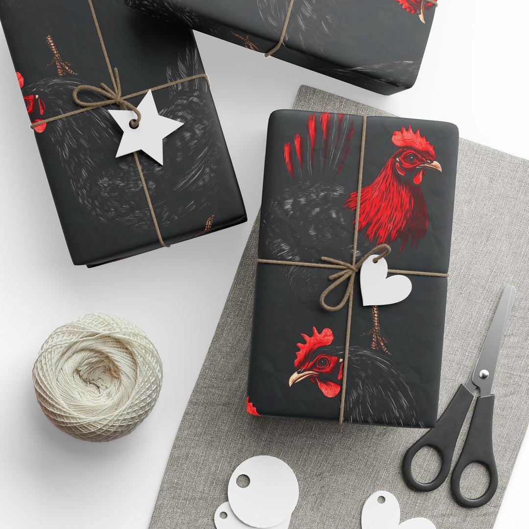 Gothic Chicken Gift Wrapping Paper Dark Farmhouse Rooster Print on Black Background Unique Wrap for Farm Lovers Birthdays & Quirky Occasions