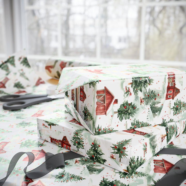 Wrapping Paper - Snowy Red Barn Christmas