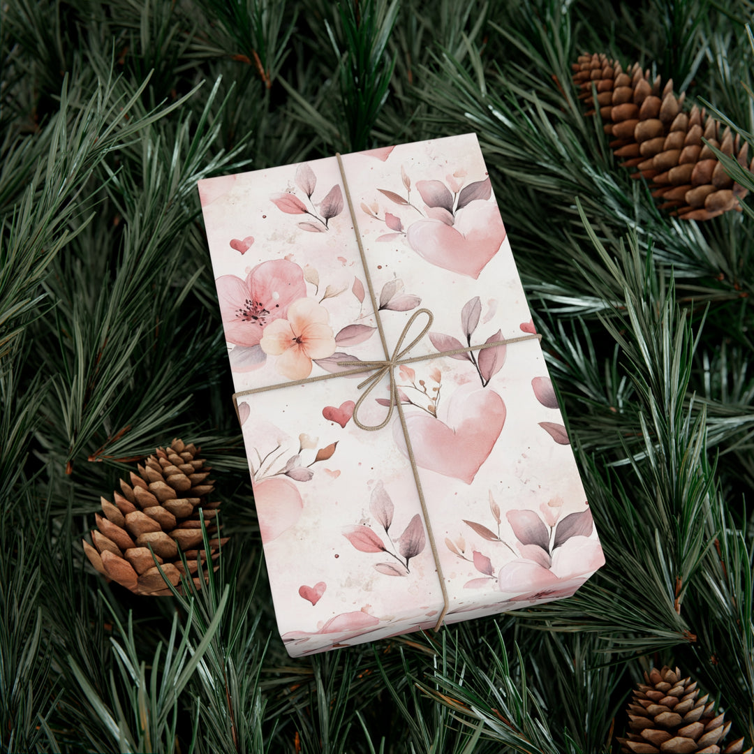 Romantic Floral & Heart Gift Wrap - Soft Pink Watercolor Wrapping Paper - Wedding, Anniversary, Valentine's Day Gift Wrap